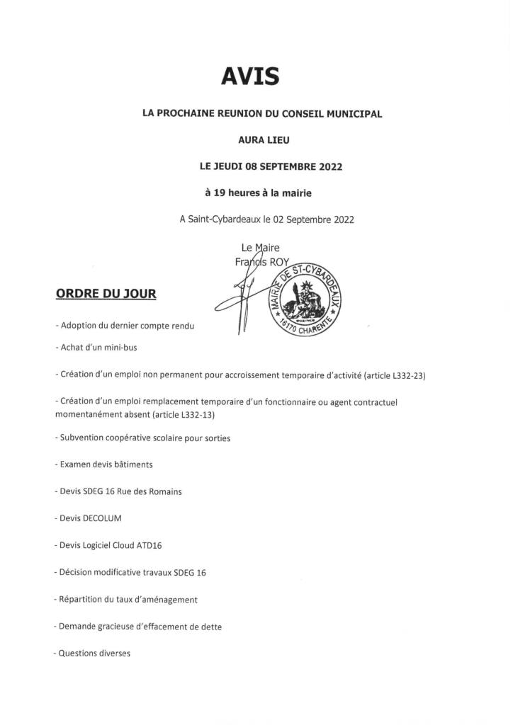 Avis Réunion Conseil Municipal Le 8 Septembre 2022