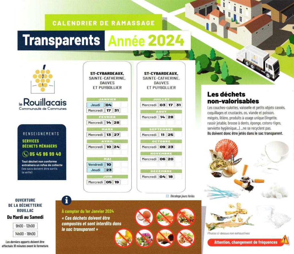 Calendrier Collecte Sacs Transparents Année 2024